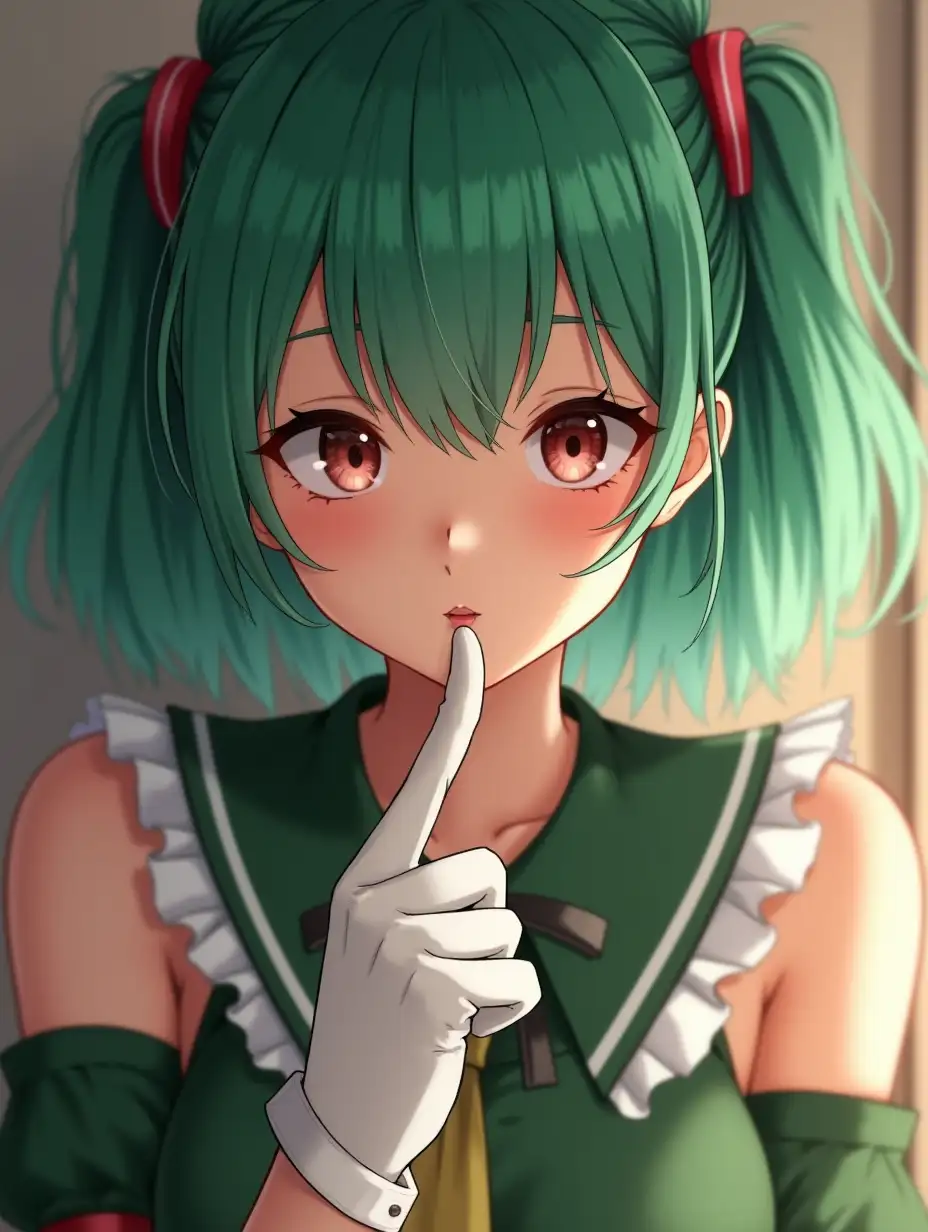 realistic, realistic woman (ethnicity:1.2), (age:1.1), (detailed clothing:1.2), (facial features:1.3), (expression:1.2), (body type:1.1), (pose:1.2), realistic finger on lips,  center of frame,  facing directly at viewer, realistic short green hair,  bangs,realistic hair between eyes, realistic vibrant teal-red eyes,  (detailed skin texture:1.2), realistic wearing a lolita fashion uniform, white gloves, high-detailed hair with subtle highlights, head tilt, soft lighting (warm-toned lighting), realistic soft-focus and gradient colors, detailed clothing, intricate eye details,  (expression:1.2), realistic close-up portrait, realistic style,  (detailed background:1.1),  dynamic composition,  beautiful design,  warm colors, bright lighting,  8k resolution,  hyperrealistic style, artstation quality.