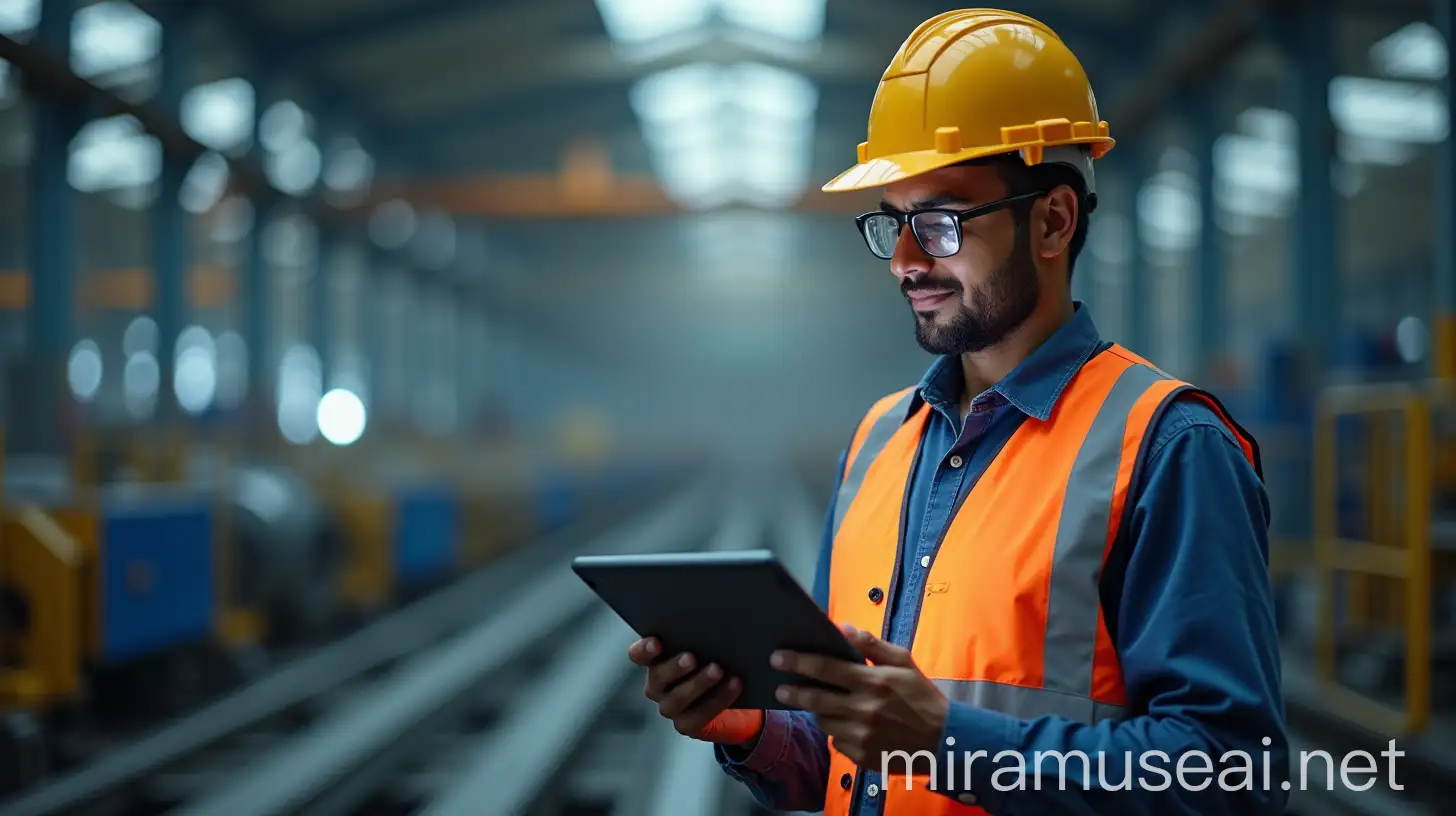 Indian Engineer Utilizing Tablet in Modern Factory Environment