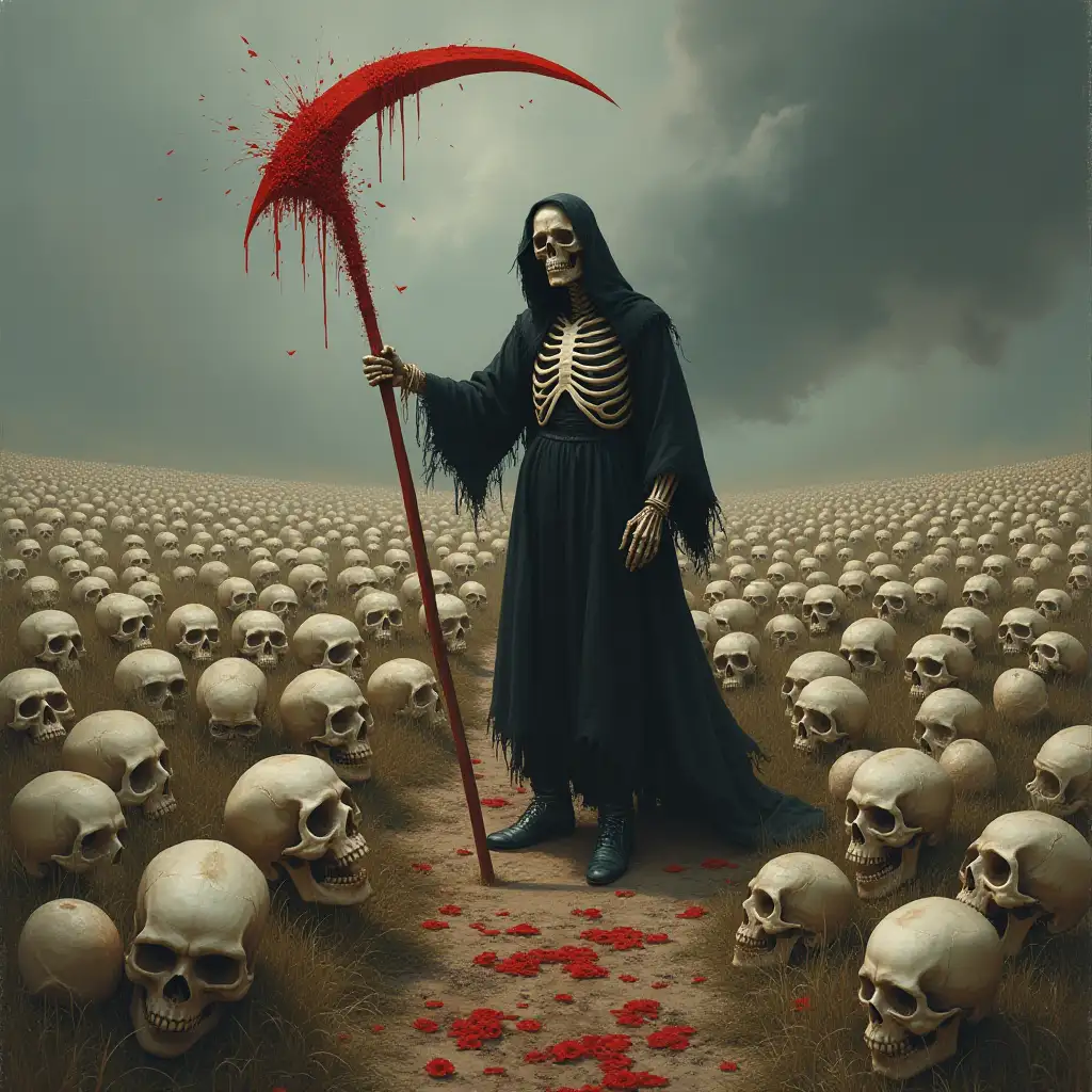 in the middle of a field filled with skulls of men and women, a standing skeleton holds a red scythe and sweeps everything in front of him