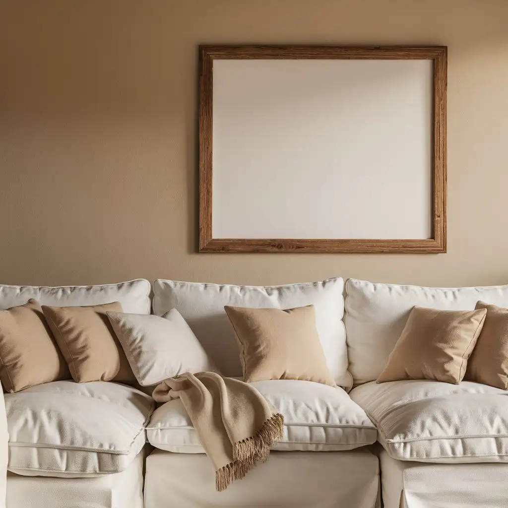 living with white sofa cushions in beige, beige frame of picture with wooden color of approximate size 50 x 70 without image hung on the wall above the chair