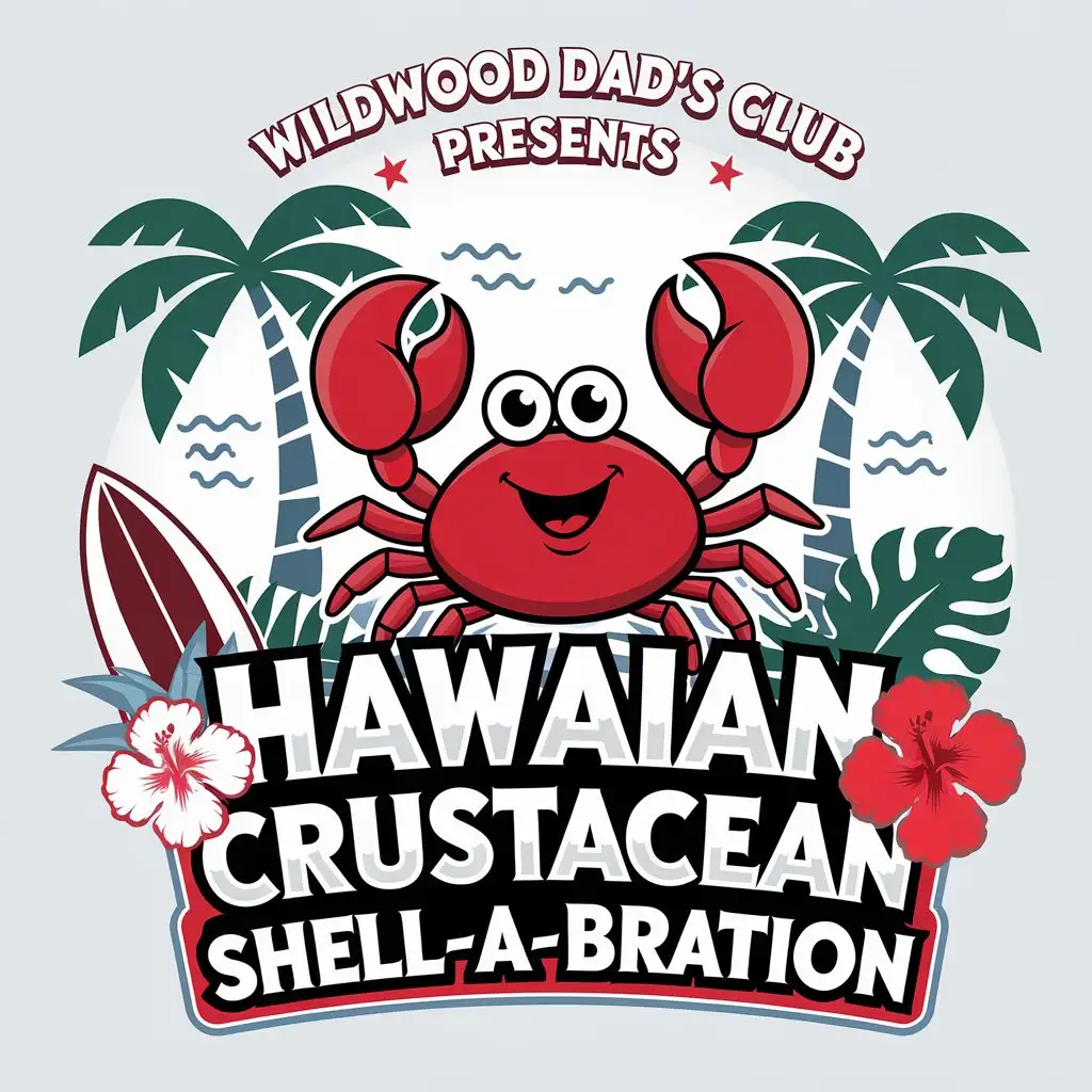 LOGO Design for Wildwood Dads Club Presents Hawaiian Crustacean Shellabration Cartoon Red Crab with Palm Trees Surfboard and Hibiscus Theme