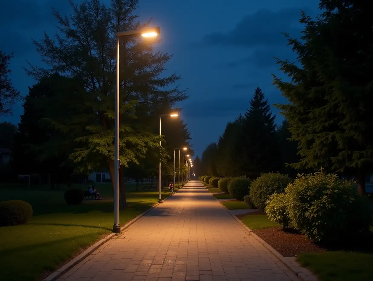 A peaceful suburban street at dusk, featuring modern solar-powered streetlights along a paved pathway. The lamps are visible, blending seamlessly with the surrounding nature. The warm, golden light from the lamps illuminates a clean and well-maintained public space with trees, bushes, and a few people walking or sitting on benches. The sky is almost dark but evoking a sense of sustainability, innovation, and trust in eco-friendly energy solutions. The overall scene feels inviting, safe, and environmentally conscious.