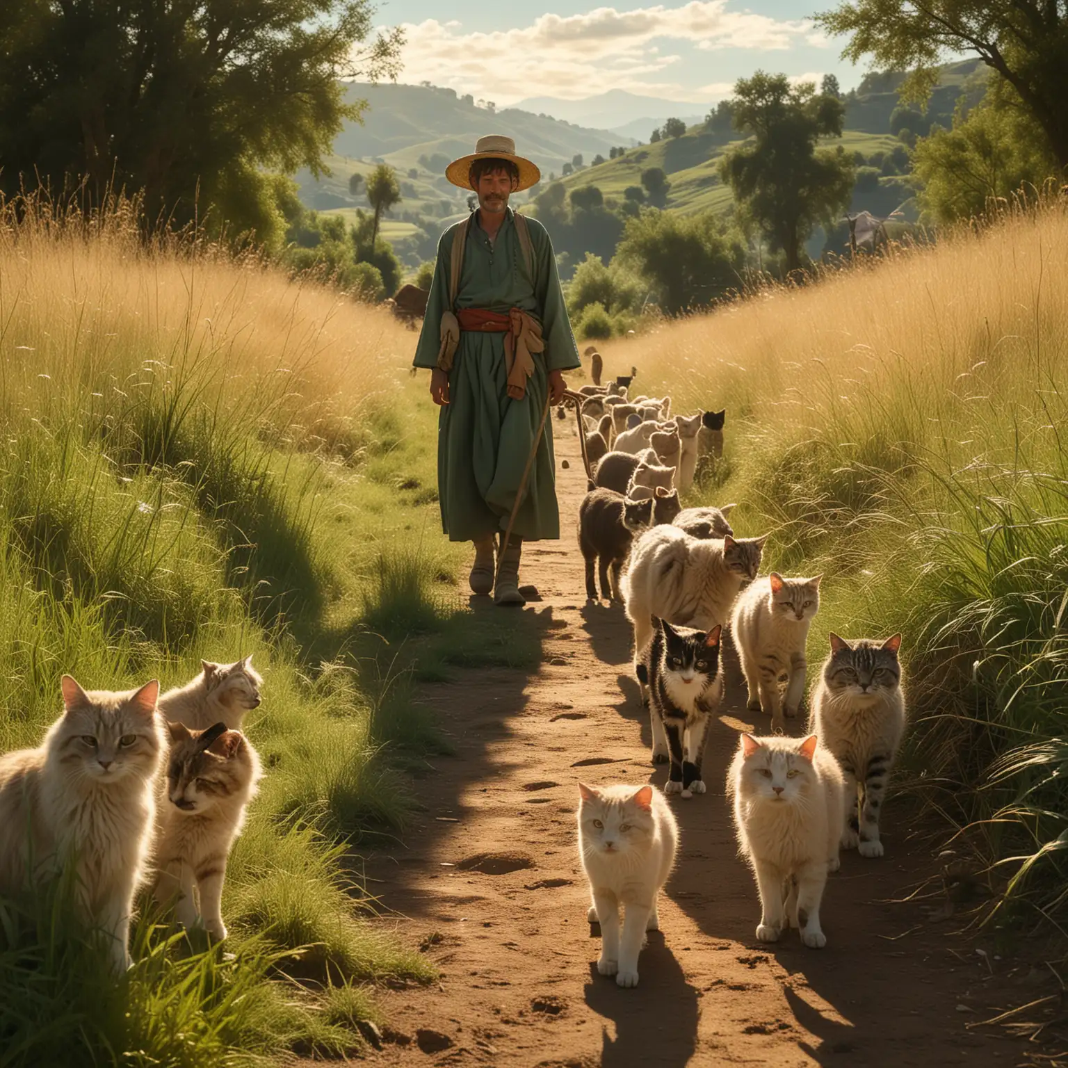 Surreal Scene of a Herder Guiding Relaxed Cats through Rolling Green Hills