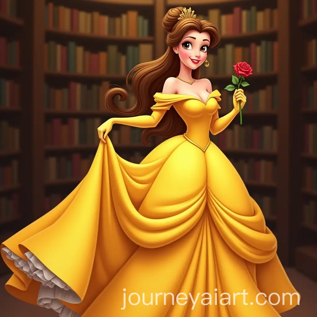 Princess-Belle-in-Elegant-Yellow-Dress-Holding-a-Red-Rose