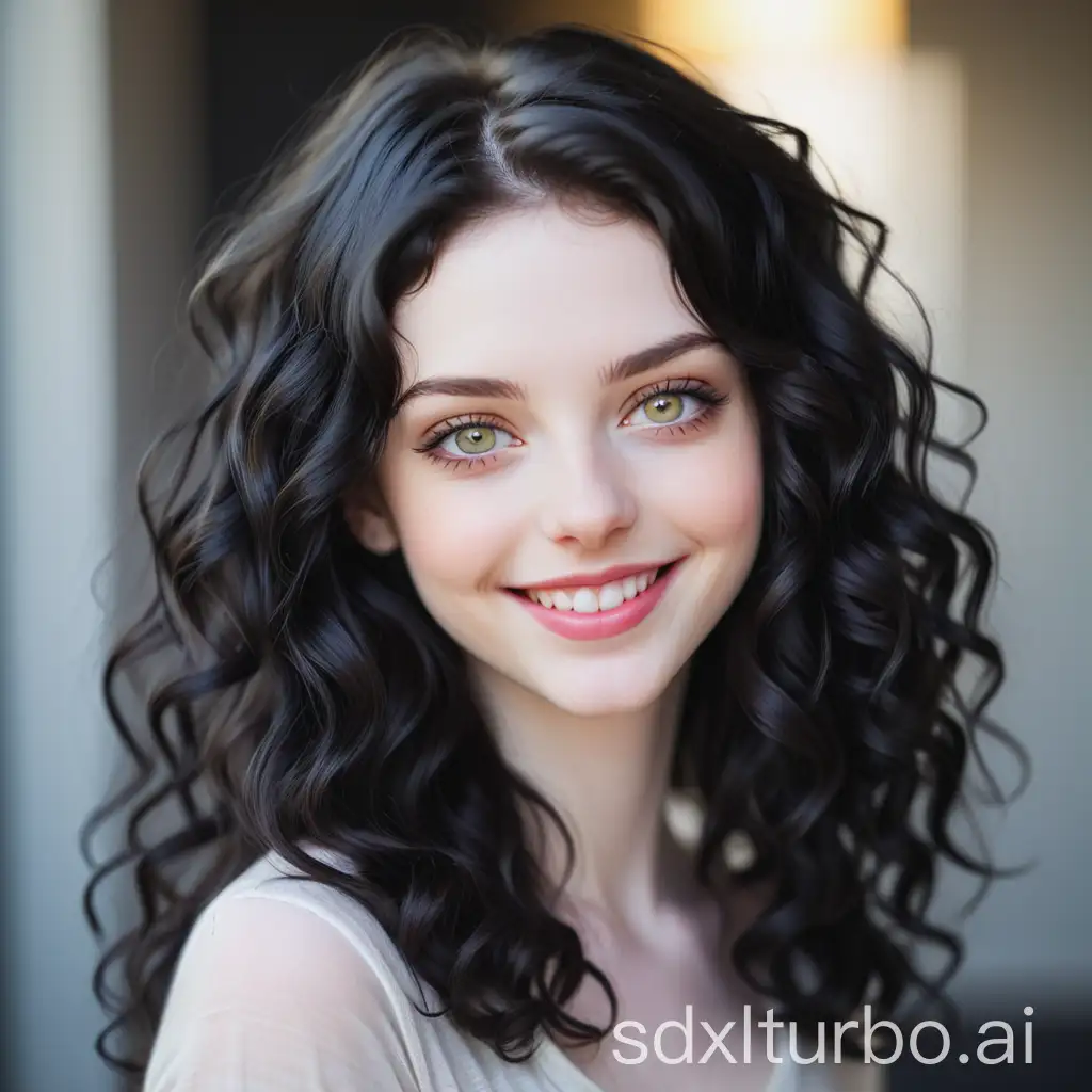 A beautiful and attractive woman in her 20s, pale skin, wavy black hair, light hazel eyes, tempting smile