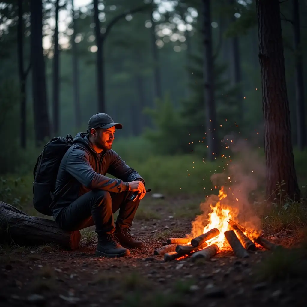 create image of a man sitting next to a campfire in forrest surroundings along with his survival pack and emergency radio