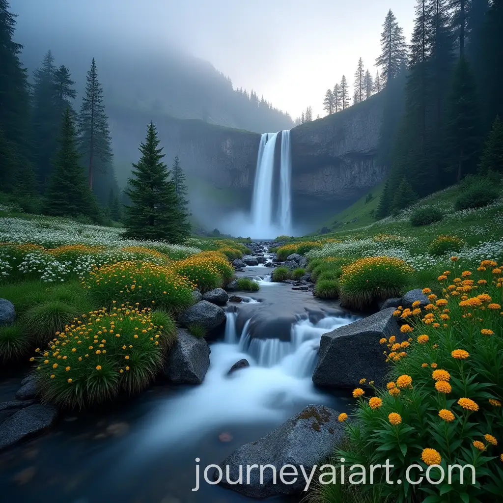 Dramatic-Sunset-Over-Cascade-Mountain-with-Wildflowers-and-Fog