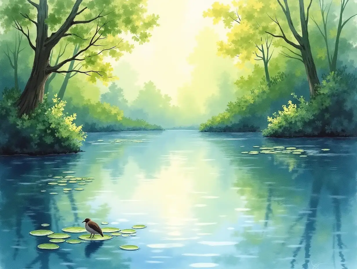 Generate an impressionist-style watercolor oil painting of a tranquil pond. Use brushstrokes to blend colors, capture the play of light and color, and put in a warm glow of dappled sunlight