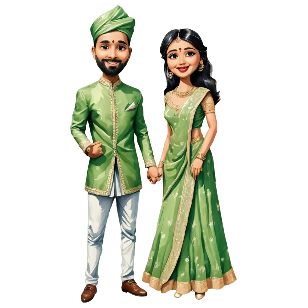 Indian-Wedding-Caricature-Bride-with-Green-Saree-and-Groom-Standing-PNG-Image