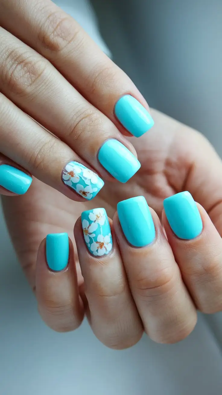 A close-up of a hand with square-shaped nails painted in a vibrant aqua blue, reminiscent of Tiffany & Co. The ring finger features a delicate white floral design, adding a romantic touch. The background is a light gray, providing contrast to the bright color. Bright, even lighting highlights the glossy finish.