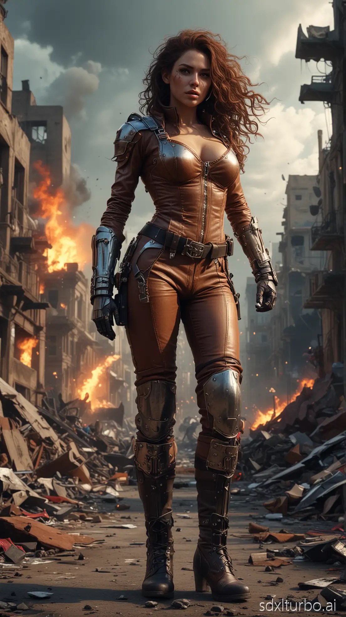 a slim super-hero woman who control fire with iron gloves and reinforced clothes with metal and heeled boots in a destroyed city background with explosions, with very small breasts, rainbow clothes, dark brown long curly hair, light sky with clouds, Cinematic, Dark Mode, Full body, 4k, Divine, Crepuscular Rays, Flamethrower, Cinematic Lighting, Fire, insanely detailed and intricate, hypermaximalist, elegant, ornate, hyper realistic, super detailed