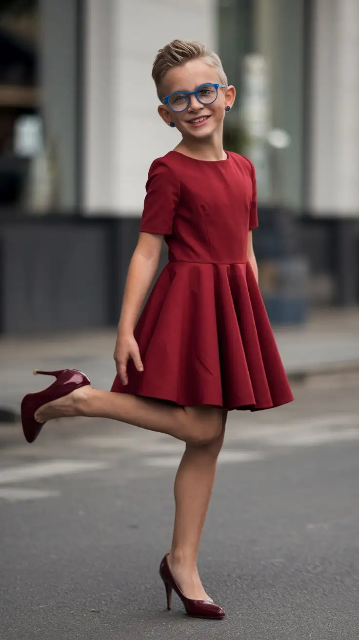 little young german boy wear red skater dress and wine red high heels and staying on street and stretches one foot backward and smiling and blue glasses and earrings