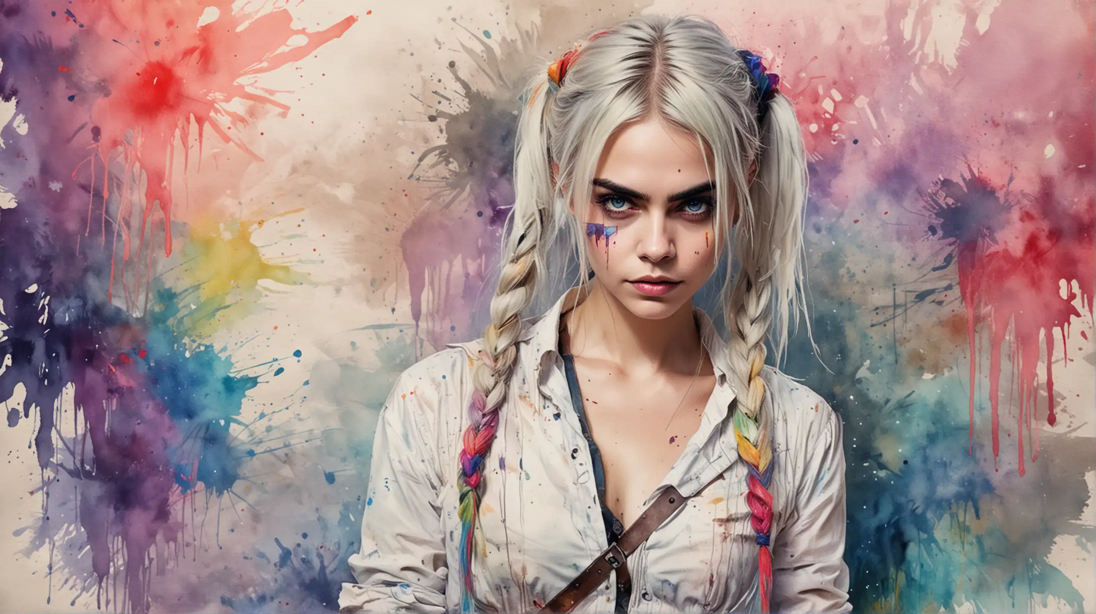 Cara Delevingne as Sexy Ciri of Cintra with Pigtails in Bright Colorful Watercolor Overlay