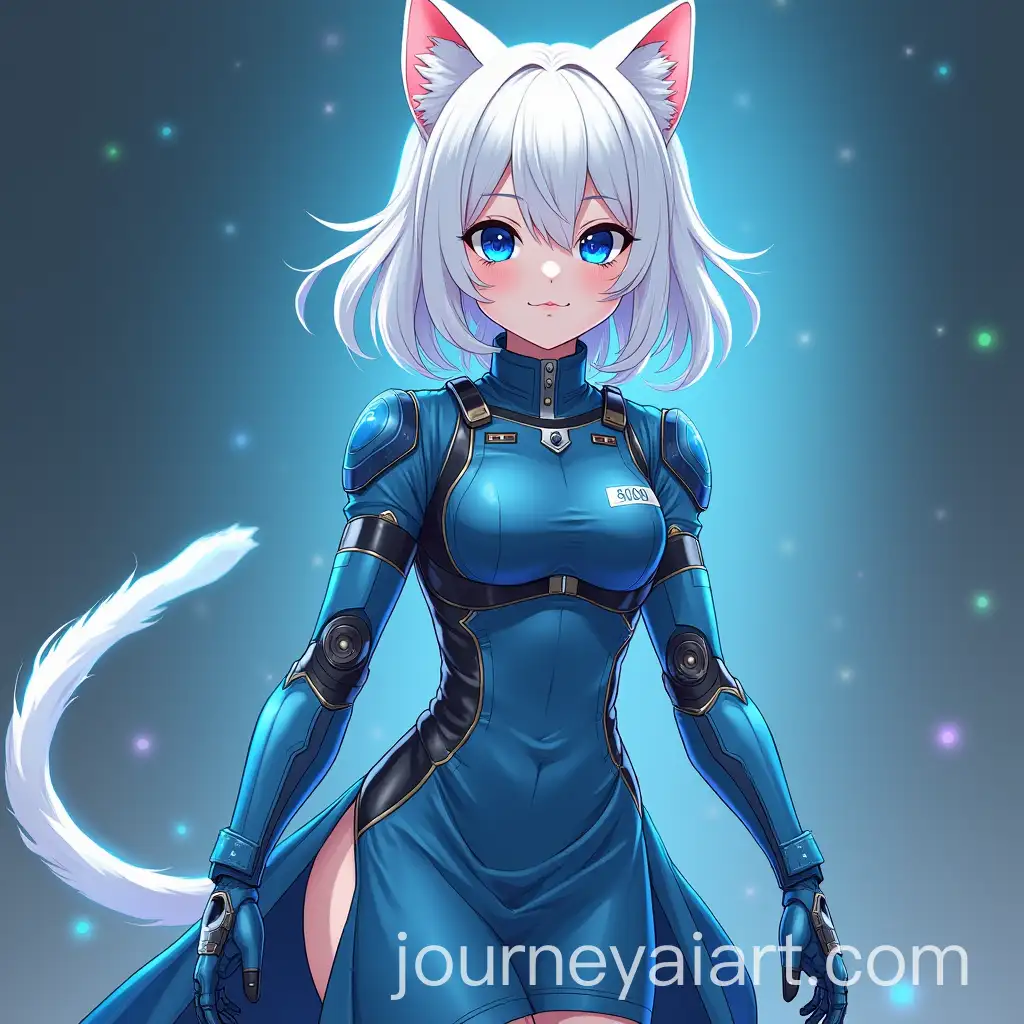 Space-Cop-Humanoid-Catgirl-in-Cyan-Maid-Dress-with-Prosthetic-Arms-and-Bulletproof-Vest