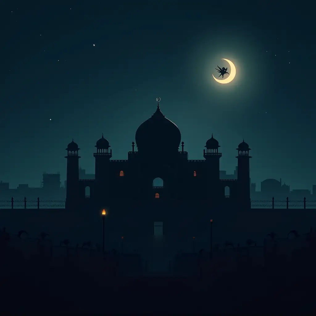 Minimalist-Haunted-Mohatta-Palace-Silhouette-with-Karachi-Skyline-at-Night