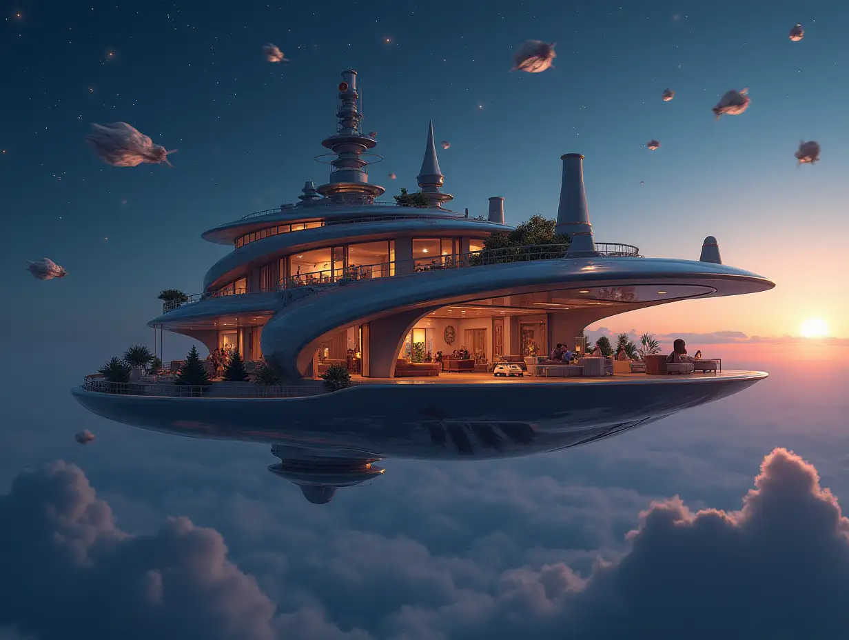 A multi-functional floating house in the air, with background of flying objects, glowing stars and other fantastic sceneries.