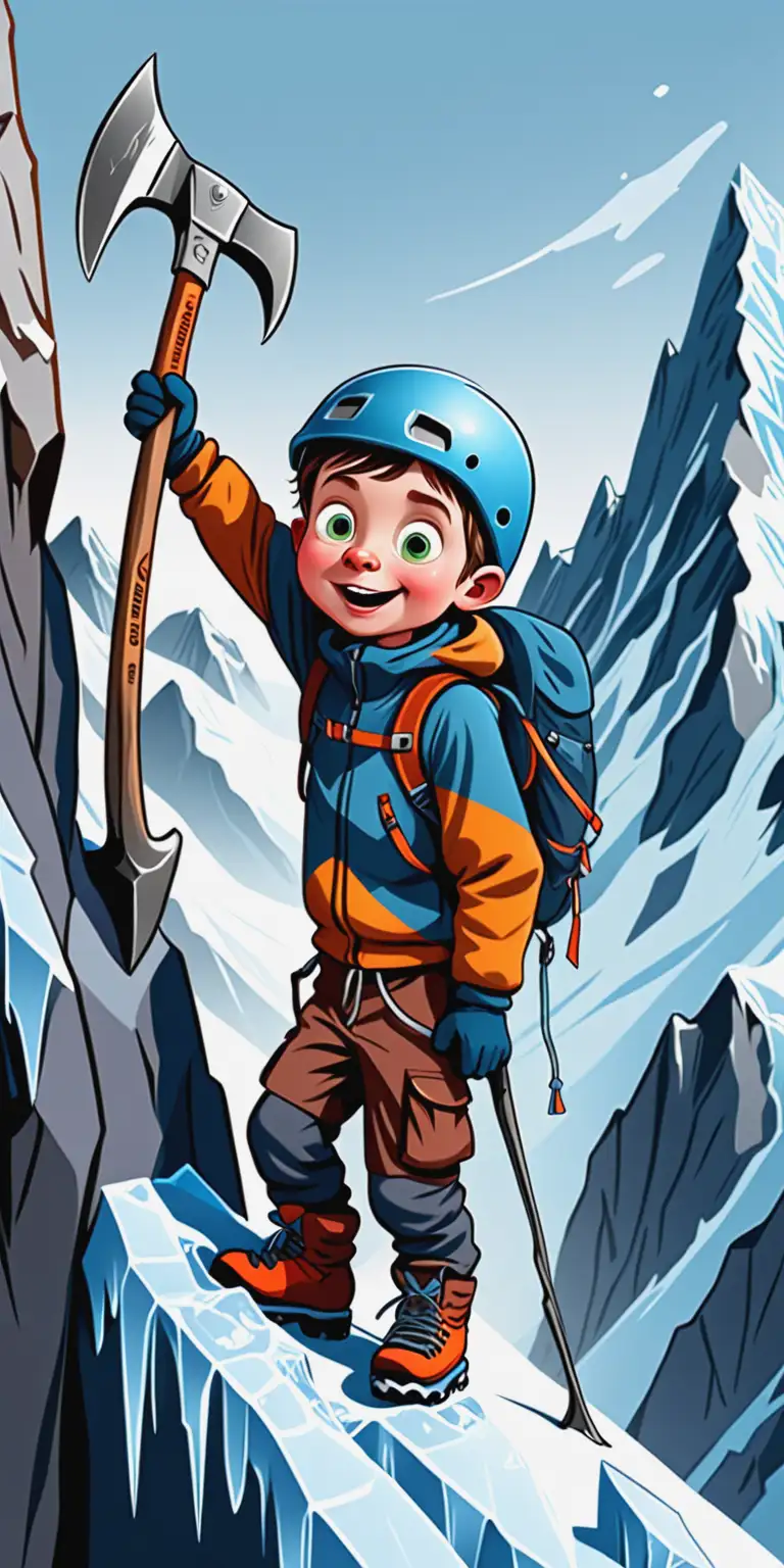 Cartoon Boy Climbing a Mountain with Ice Ax