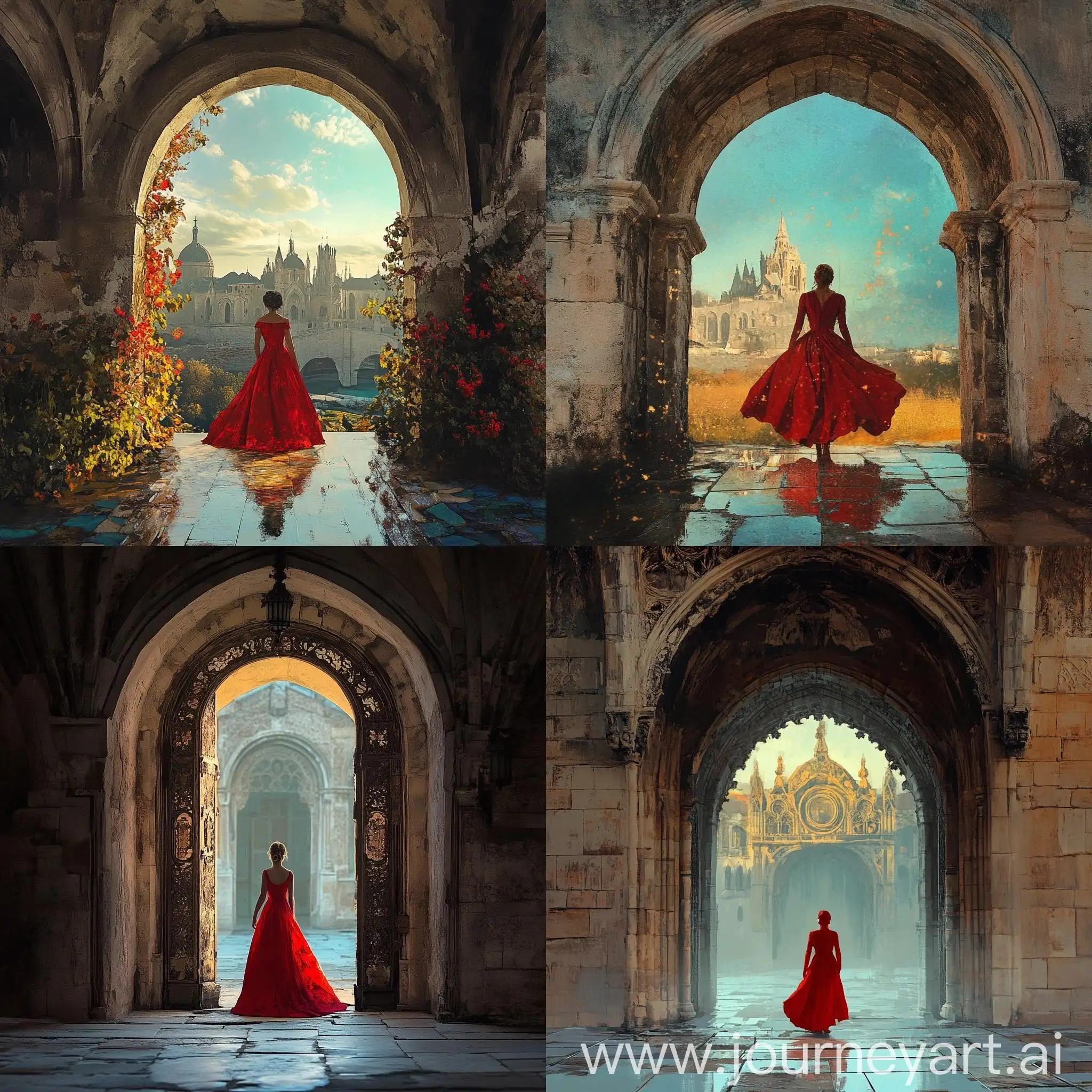 Girl-in-Red-Dress-Standing-under-Arch