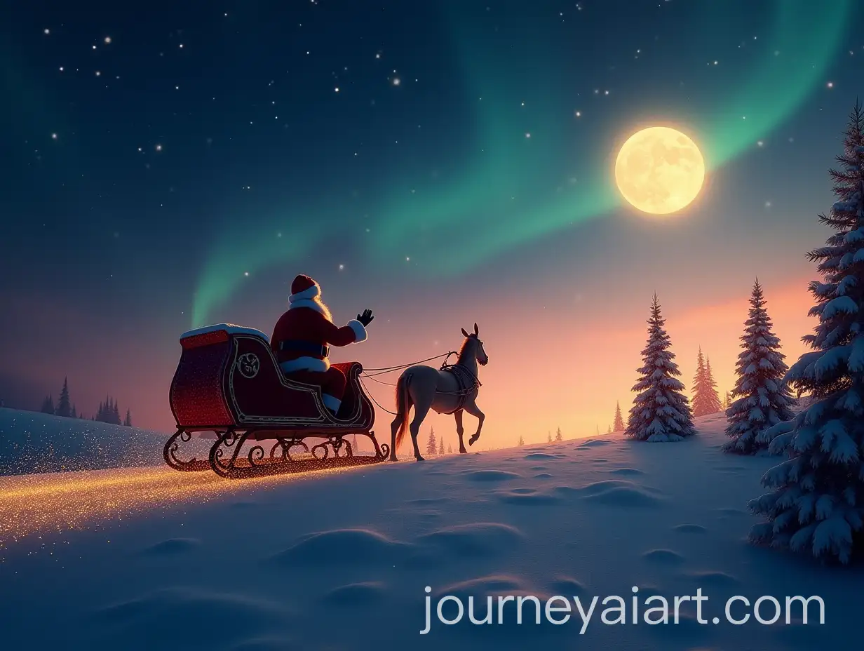 Santas-Sleigh-Rising-into-Twilight-Sky-with-Aurora-and-Moon