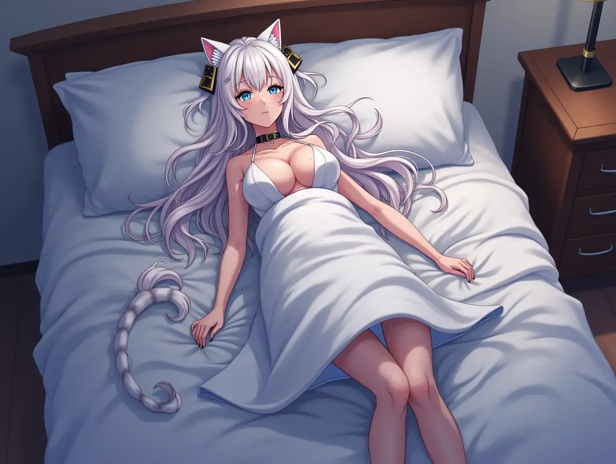 Anime mature adult woman with a tall skinny body who looks like she is in her 30's with big breast, extreme cleavage, blue eyes, a choker around her neck, long white hair, cat eyes, cat whiskers, and white cat ears with black and gold earrings on her head, and an attached cat tail. She is in her bed with a storage chest at the foot of bed, knocked out asleep. Her hair is wild and messy as she toss and turn with her blanket covers falling off her and the bed with full body view of her as her feet kick the last of the covers off. She is asleep with both eyes closed.