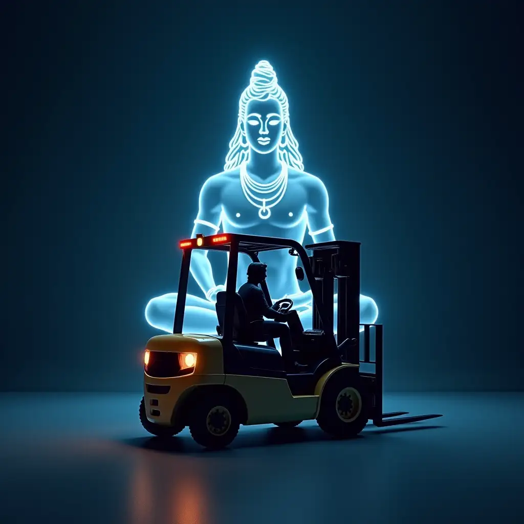 A highly detailed, ultra-realistic image of a modern forklift. A soft, artistic glow in the background subtly forms the only white outline of lord shiva meditation posture (Hindu God), symbolizing strength and wisdom. The forklift is clean and well-maintained. The background is a dark midnight blue, studio setup with soft, even lighting. The subject is centered in a long shot, full-body view. Ultra-sharp focus, no motion blur, high resolution, realistic textures, and lifelike expressions.