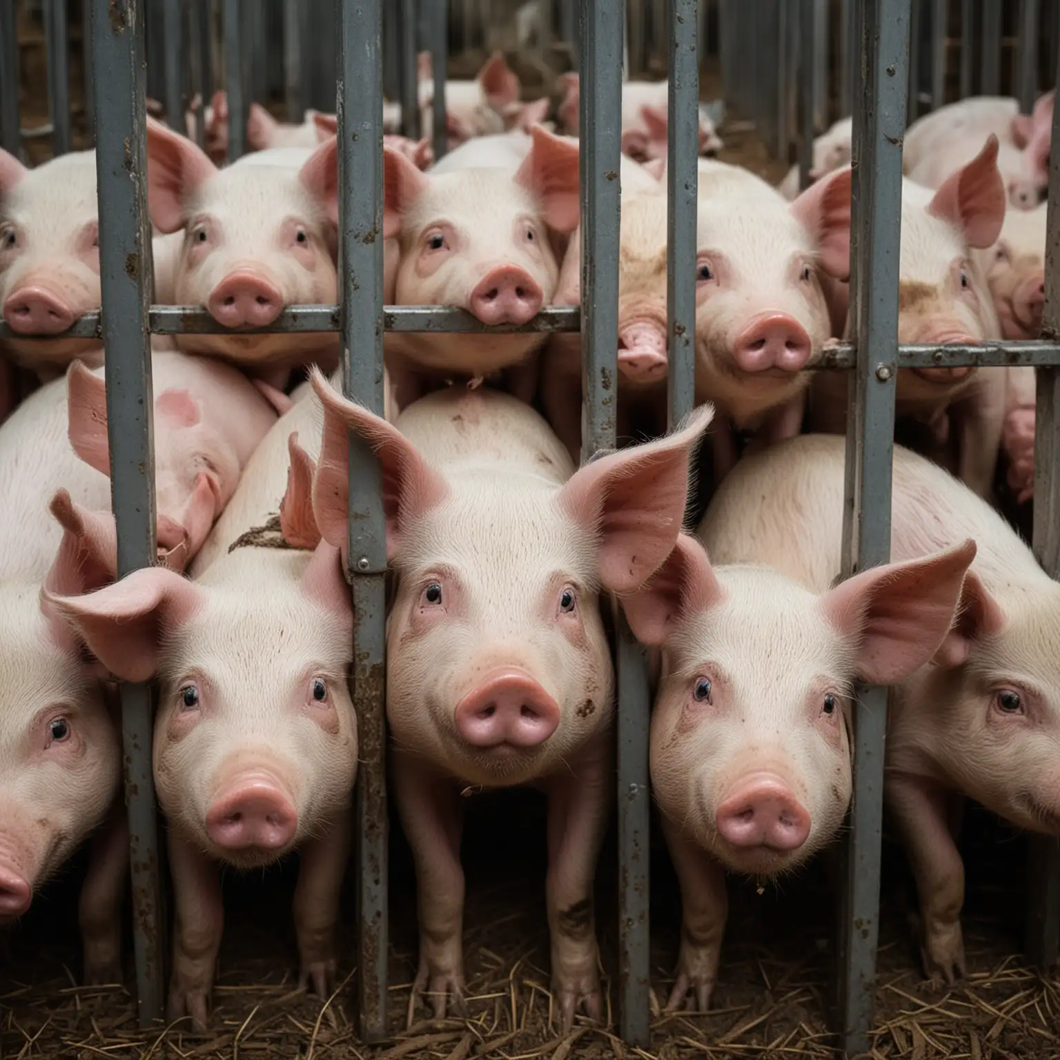 Trapped-Pig-in-Overcrowded-Pen-with-Fearful-Gaze