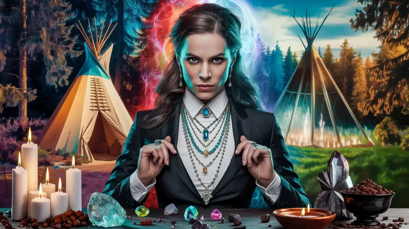 Photograph of an eerie business woman richly dressed, wearing a business suite wearing many necklaces with gemstones, In the back a forest, a teepee, a tachyonic chamber, and a table with candles, crystals, cacao, colorful, bright, highly detailed, realistic