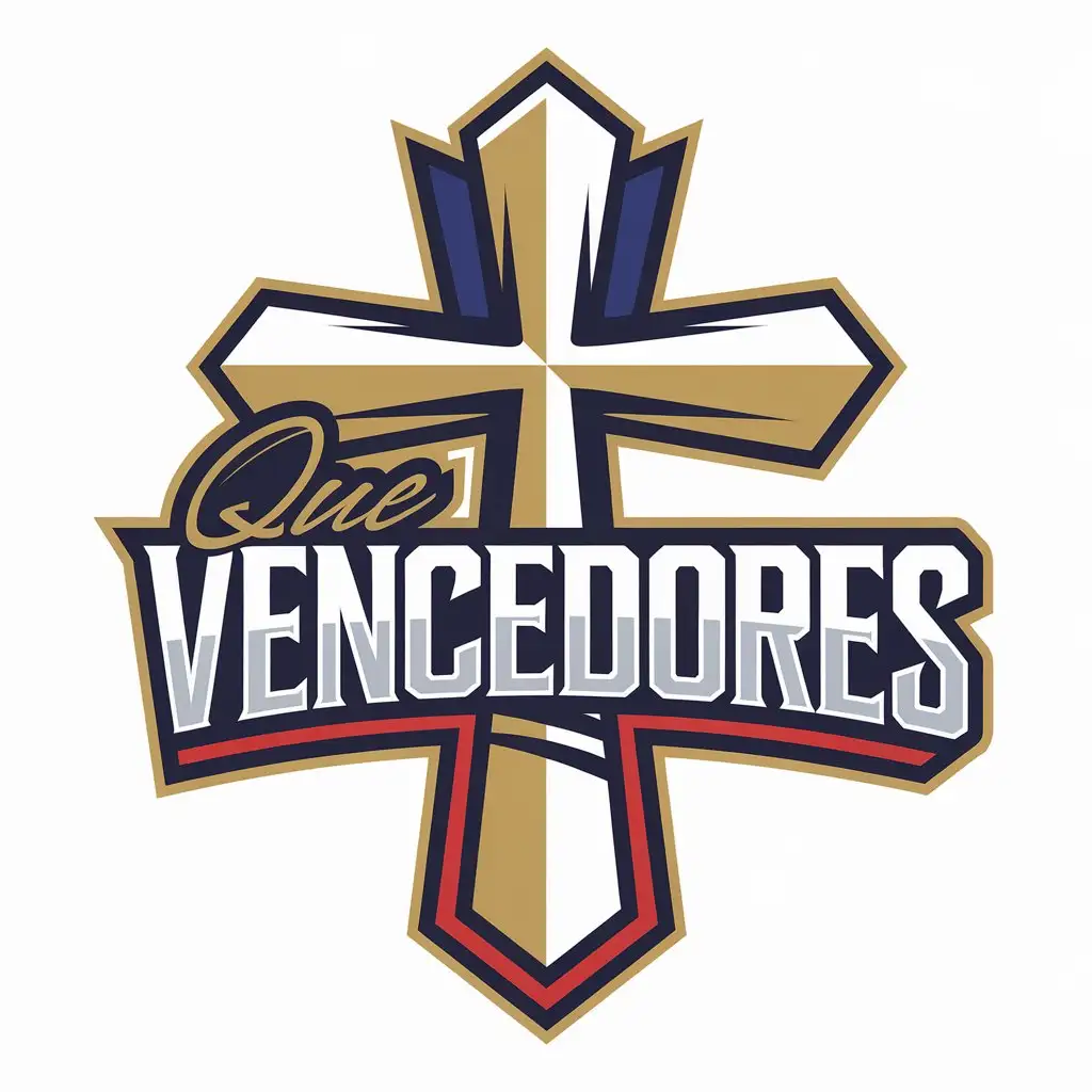 a vector logo design,with the text "Que Vencedores", main symbol:Develop a logo for the theme 'More Than Conquerors,' inspired by Romans 8:37: 'But in all these things we are more than conquerors through him who loved us.' The central element of the logo should be a 'more' (+) symbol, stylized as a Christian cross, representing both victory in Christ and the very concept of 'more' than conquerors. The cross should be visually striking, with clean lines and a modern design that conveys power, faith, and spiritual triumph.nThe text 'More than Conquerors' should be highlighted around or below the cross, with an emphasis on the word 'Conquerors', which can be represented in a strong and imposing font, while 'More than' can be stylized in a complementary but less prominent way. The cross should symbolize the source of victory, so that the entire design refers to strength, security, and trust in God's love.nThe color palette should evoke royalty, hope, and faith. Gold can be used to represent the victory and glory of Christ, while white refers to purity and holiness. Shades of blue or red can be incorporated to symbolize Christ's trust and sacrifice (the blood) while maintaining a balanced and powerful look. The overall style should be contemporary but with a deep connection to Christian symbolism, and the logo needs to work in both digital and print mediums, while maintaining its clarity and visual impact across different sizes and platforms.,Moderate,clear background