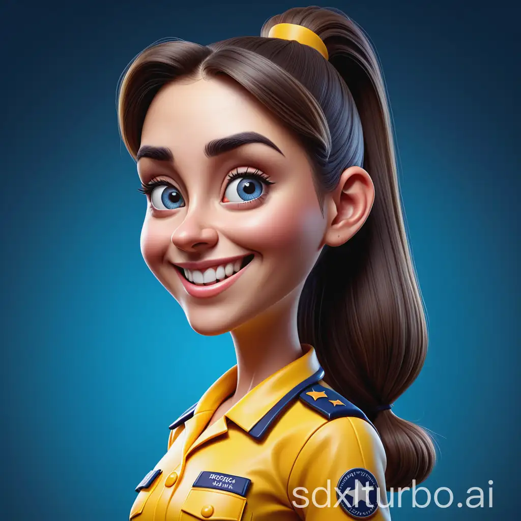 Detailed-Hyperrealistic-3D-Cartoon-Caricature-Portrait-of-Smiling-Young-Woman-in-Yellow-Uniform