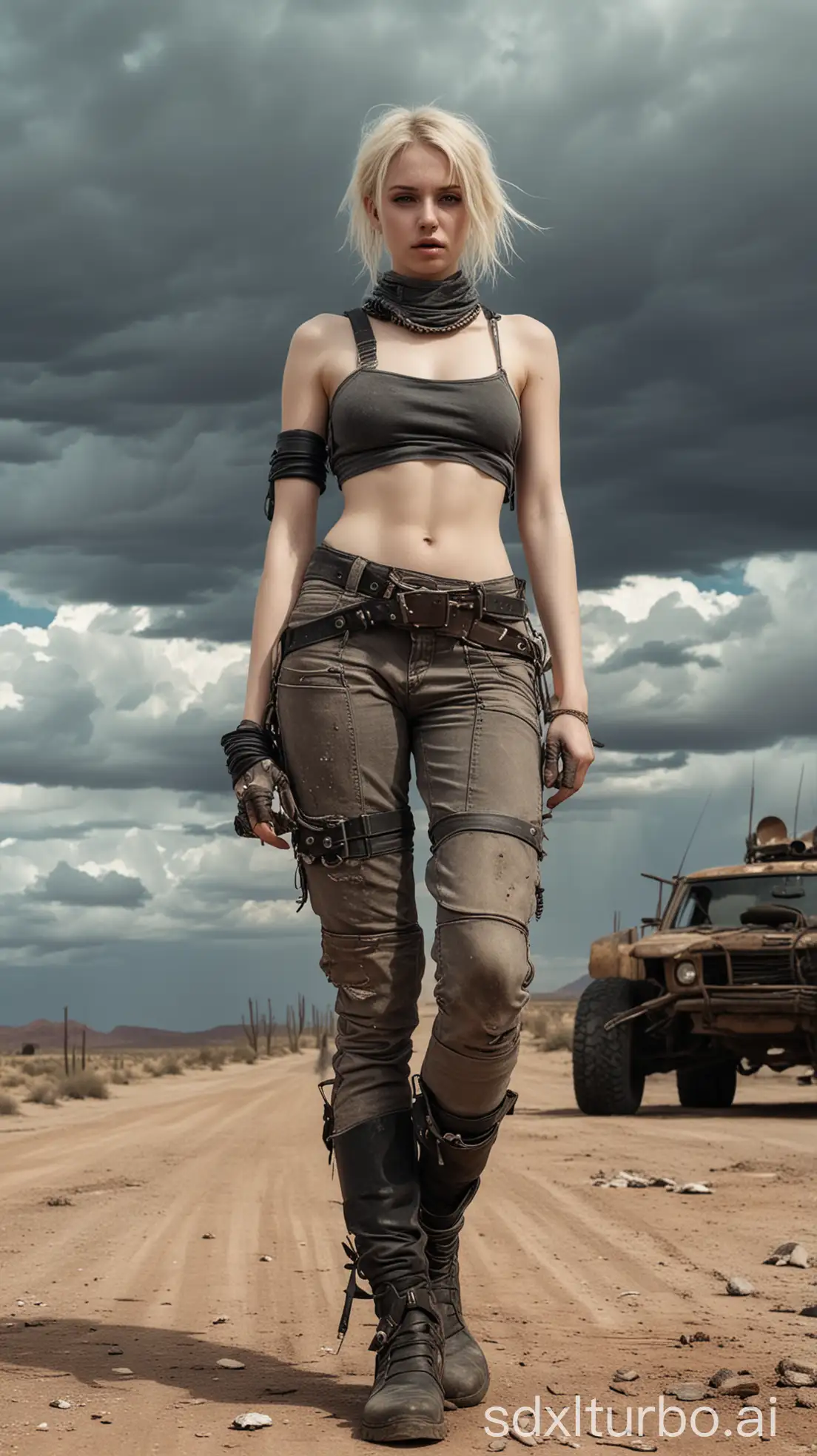 Blonde-Girl-in-PostApocalyptic-Mad-Max-Style-in-Desert-Landscape