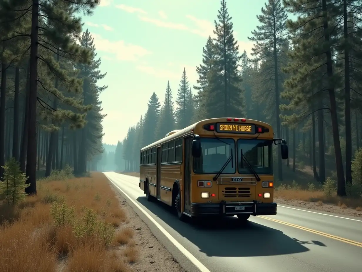 A new bus from fallout4 on a new smooth highway in the middle of a pine forest