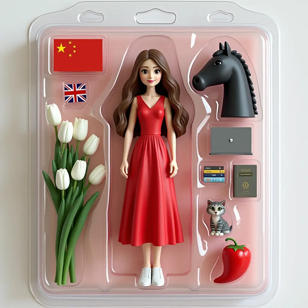 Use this photo of me to create an action figure of myself in a blister pack, in the style like a premium collectible toy. The figure should be slim and standing up and have long loose brown hair. There should be a bouquet of white tulips in hands and friendly smile. Beautiful white shoes should be worn on the feet. The body should be dressed in a long red dress. The blister pack should have a header with the text SIBERIAN PERCHIK. Include accessories in compartments to the side of the figure: a little laptop, a school textbook, a black horse, UK flag, China flag, UN flag, a gray-and-white striped cat, red chilli pepper.