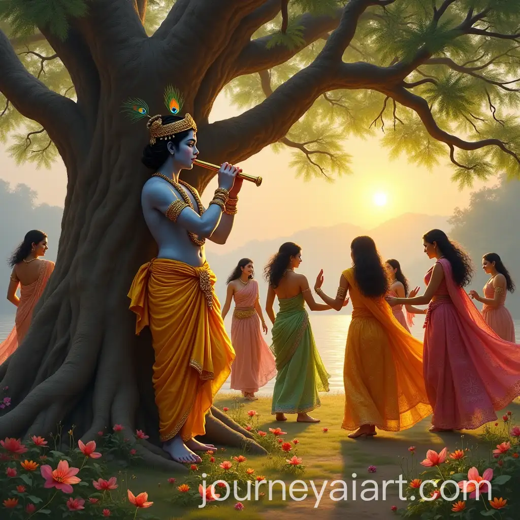 Sri-Krishna-Playing-Flute-Under-Ancient-Banyan-Tree-with-Gopis-in-Traditional-Sarees