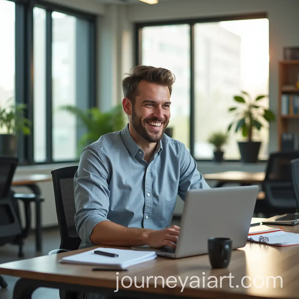 Man-Working-Happily-at-Modern-Office-Desk-with-Laptop-and-Coffee