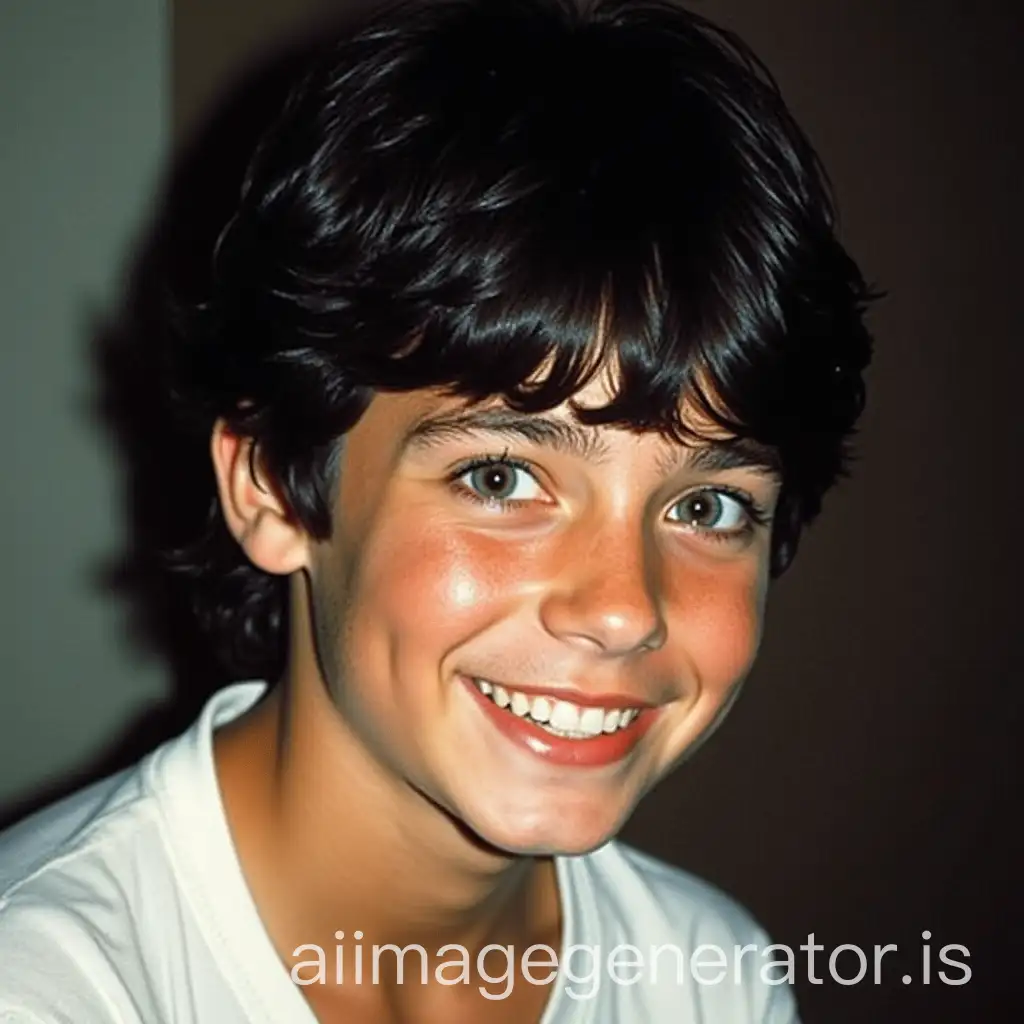 young 1980s actor, 20 years old, with dark black hair, large blue-grey eyes, and a big smile. Pretty and cute.