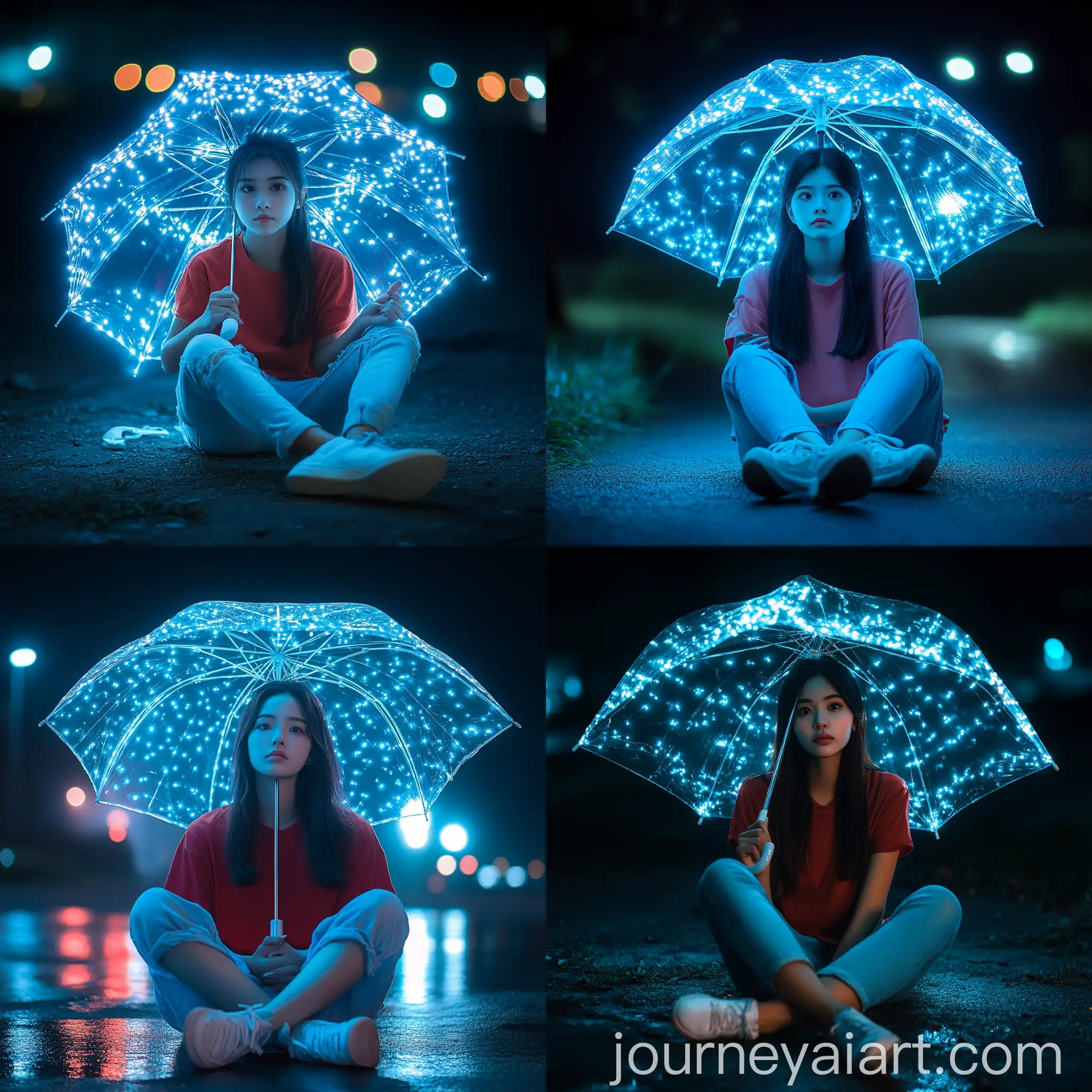 Enchanting-Asian-Woman-with-Blue-Fairy-Lights-Umbrella-at-Night