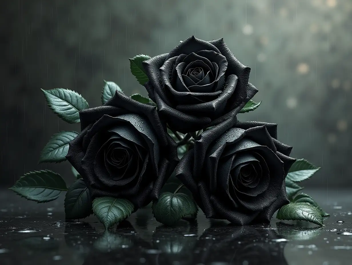 Poignant still life: three vivid black roses, lush dark green leaves. Elegantly textured background, moody abstract grays and soft blacks, impressionist/hyperrealistic. Rain/water droplets, light catching, delicate petals/leaves. Evocative, somber atmosphere, beauty vs. bleakness. Rich monochromatic palette, deep blacks, subtle silver/green highlights. Melancholic beauty, intricate details, water reflections, light/shadow interplay.