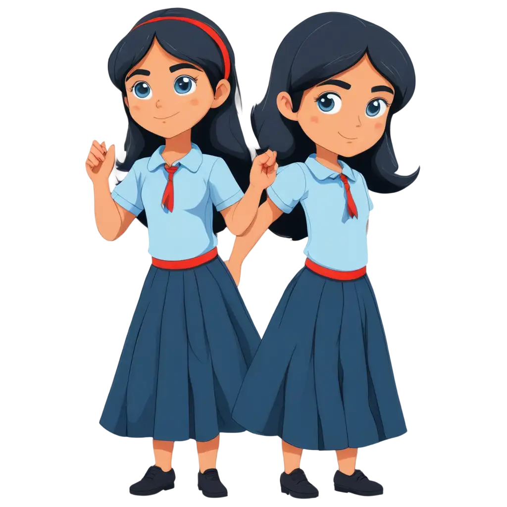 Simple-Indian-School-Girl-PNG-Blue-Shirt-Dark-Blue-Skirt-Black-Hair-with-Red-Ribbon