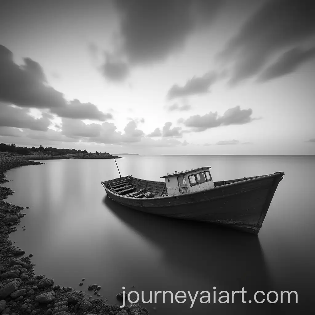 Sunken-Fishing-Boat-in-Lagoon-with-Moving-Clouds-Over-Greek-Island-Coastline