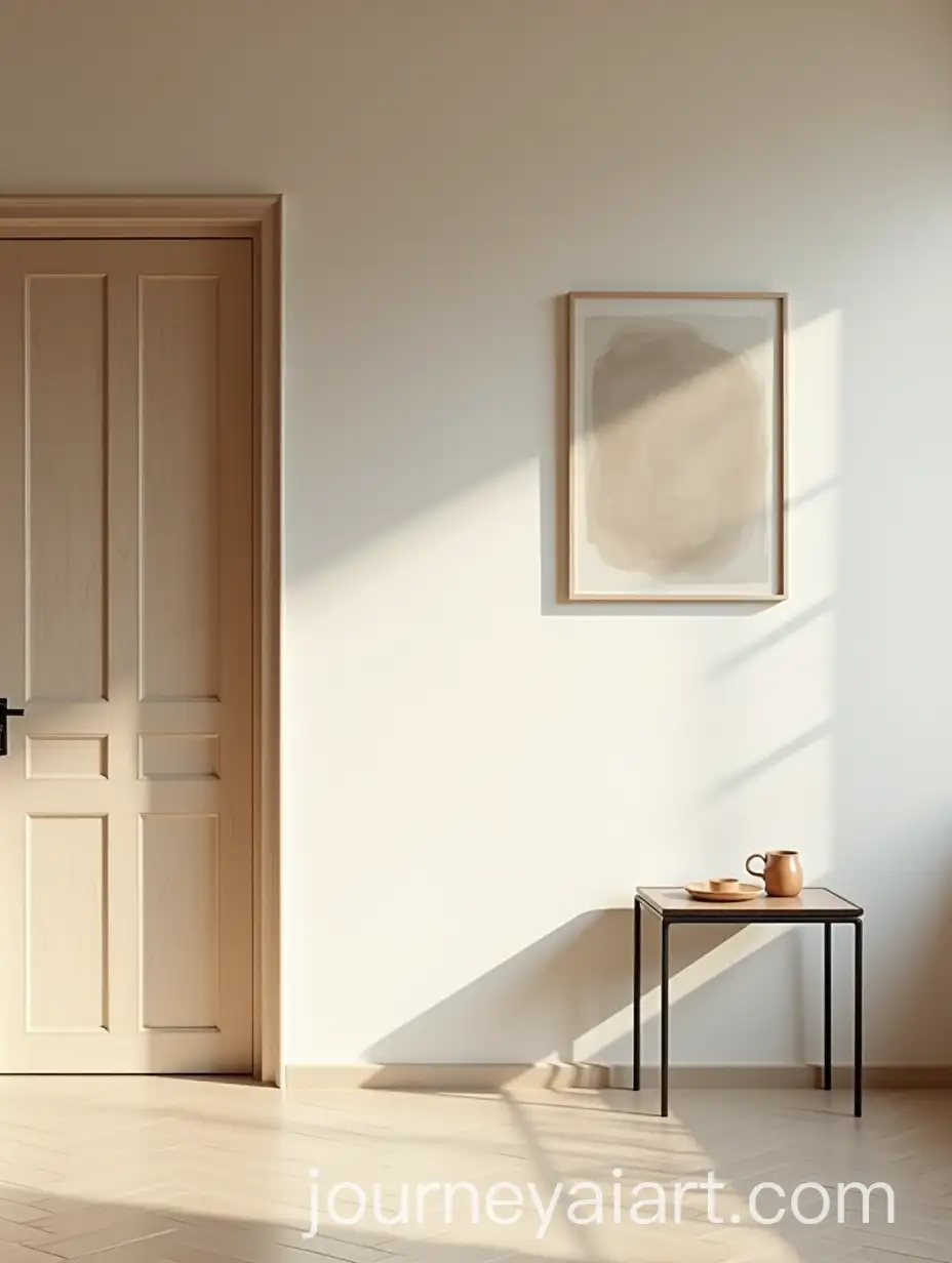 Zen-Interior-Tranquil-Home-with-Closed-Door-Iron-Table-and-Wall-Art