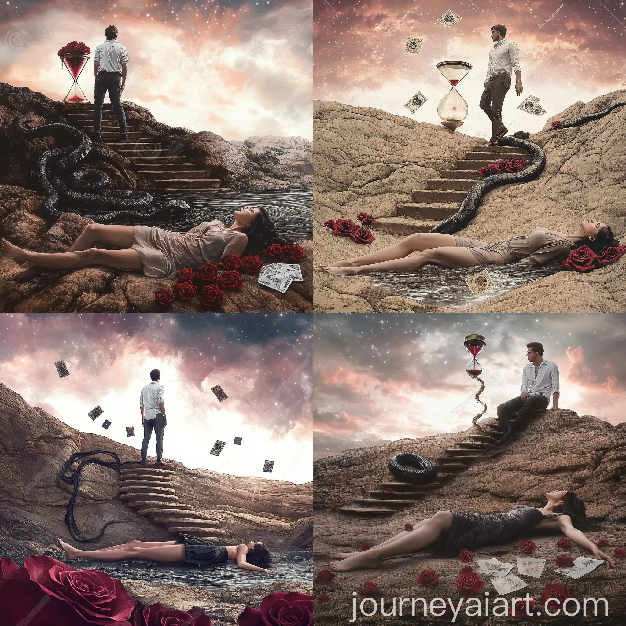 Man-on-Heavenly-Spiral-Staircase-with-Ouroboros-Hourglass-and-Red-Roses