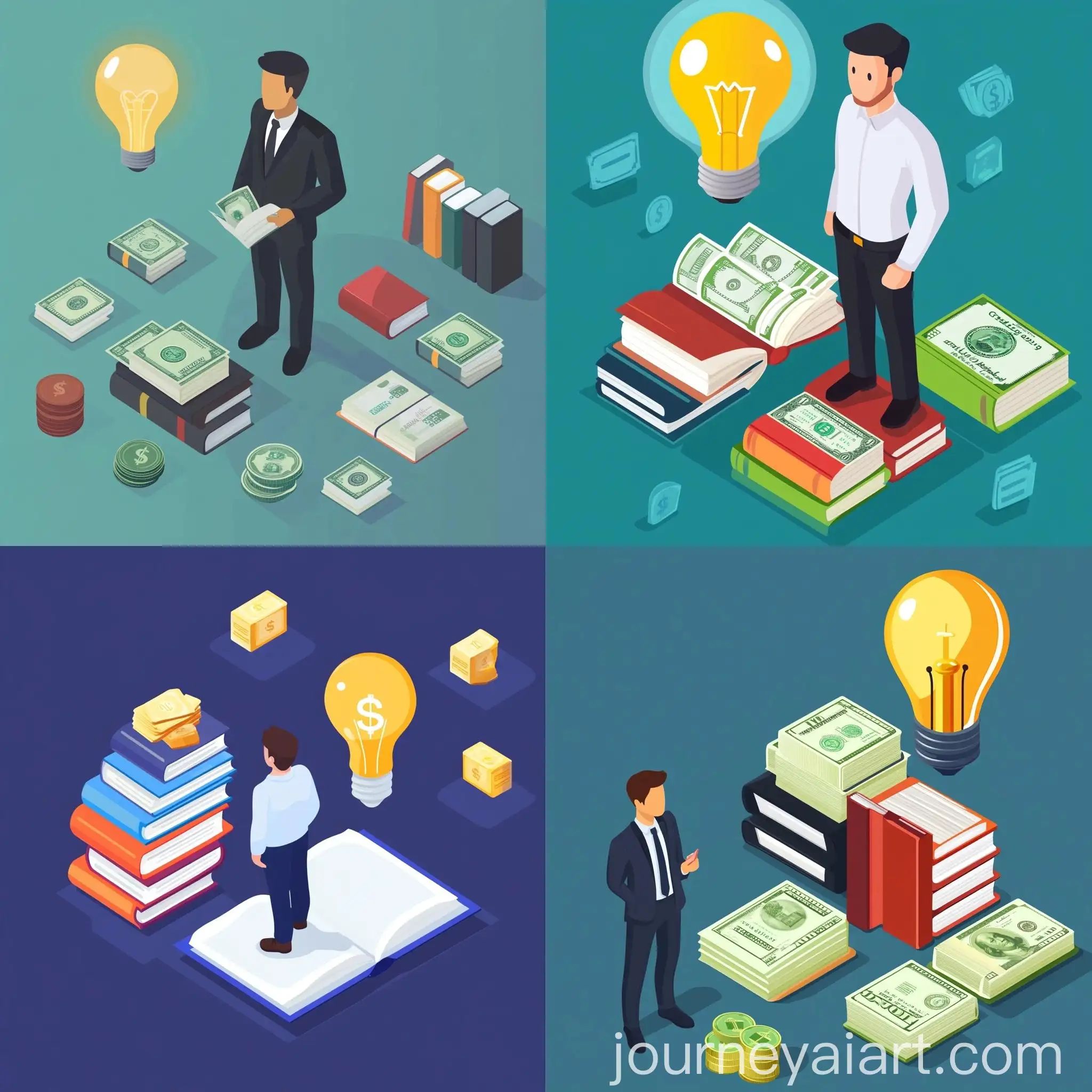 Business-Man-with-Money-Lightbulb-and-Books-Icons-in-Flat-Isometric-Style