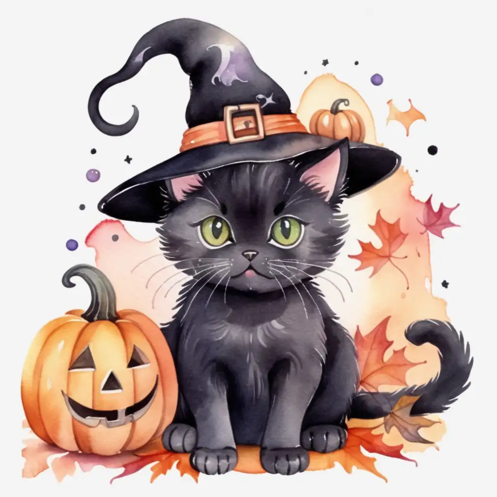 Adorable Halloween Black Cat in Witch Hat Watercolor Art