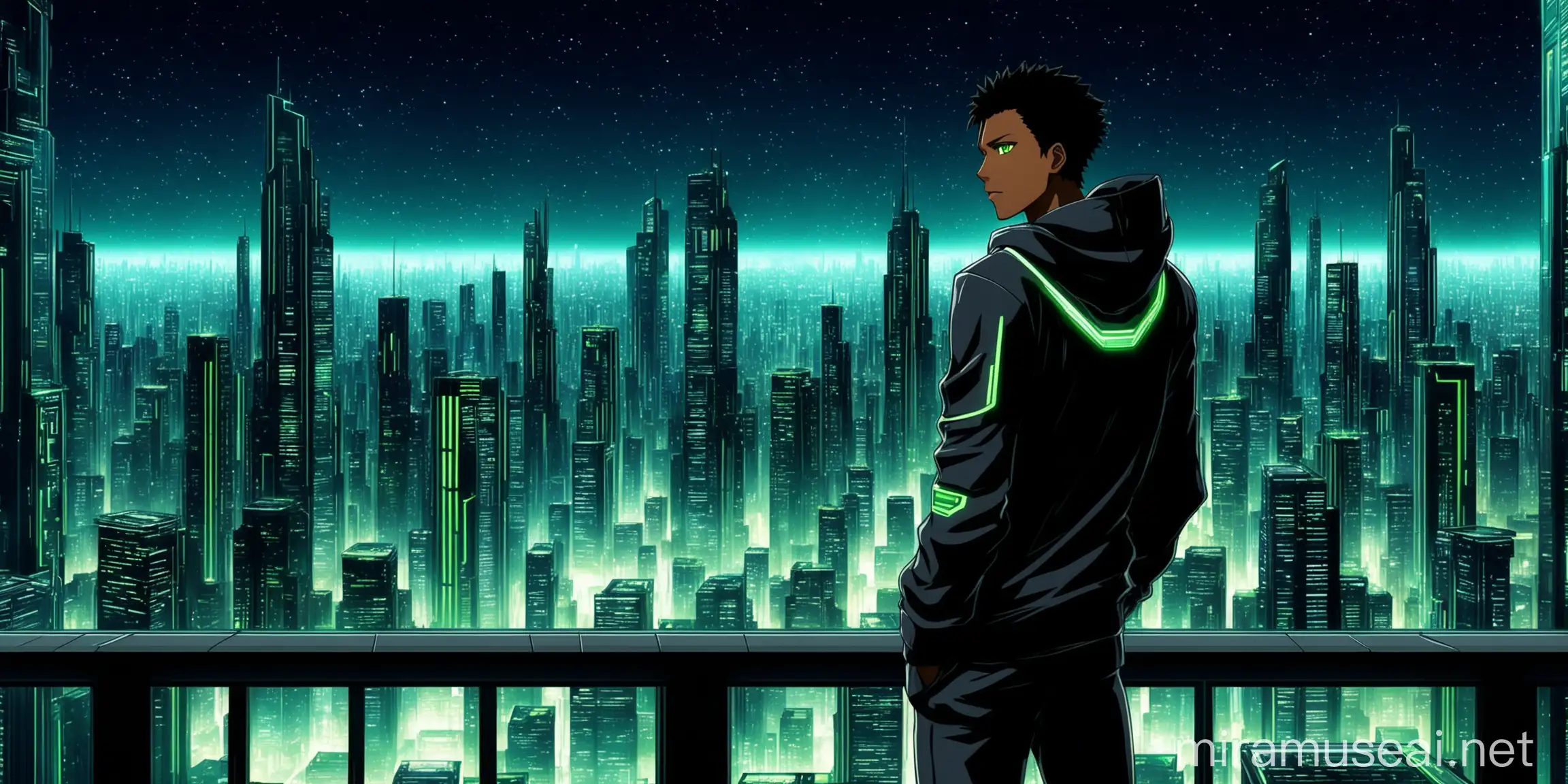 Futuristic Cityscape with Anime Male Character on Skyscraper Terrace