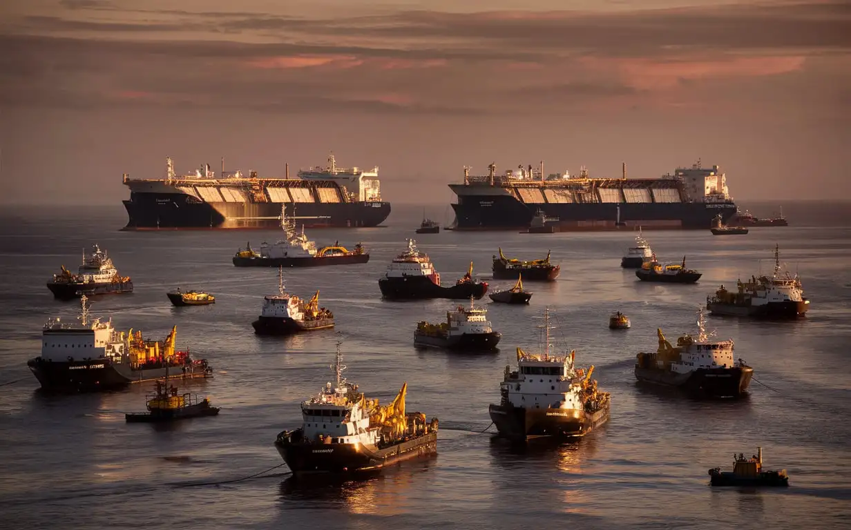 Busy LNG Exploration Scene with Support Vessels in Earthy Evening Tones