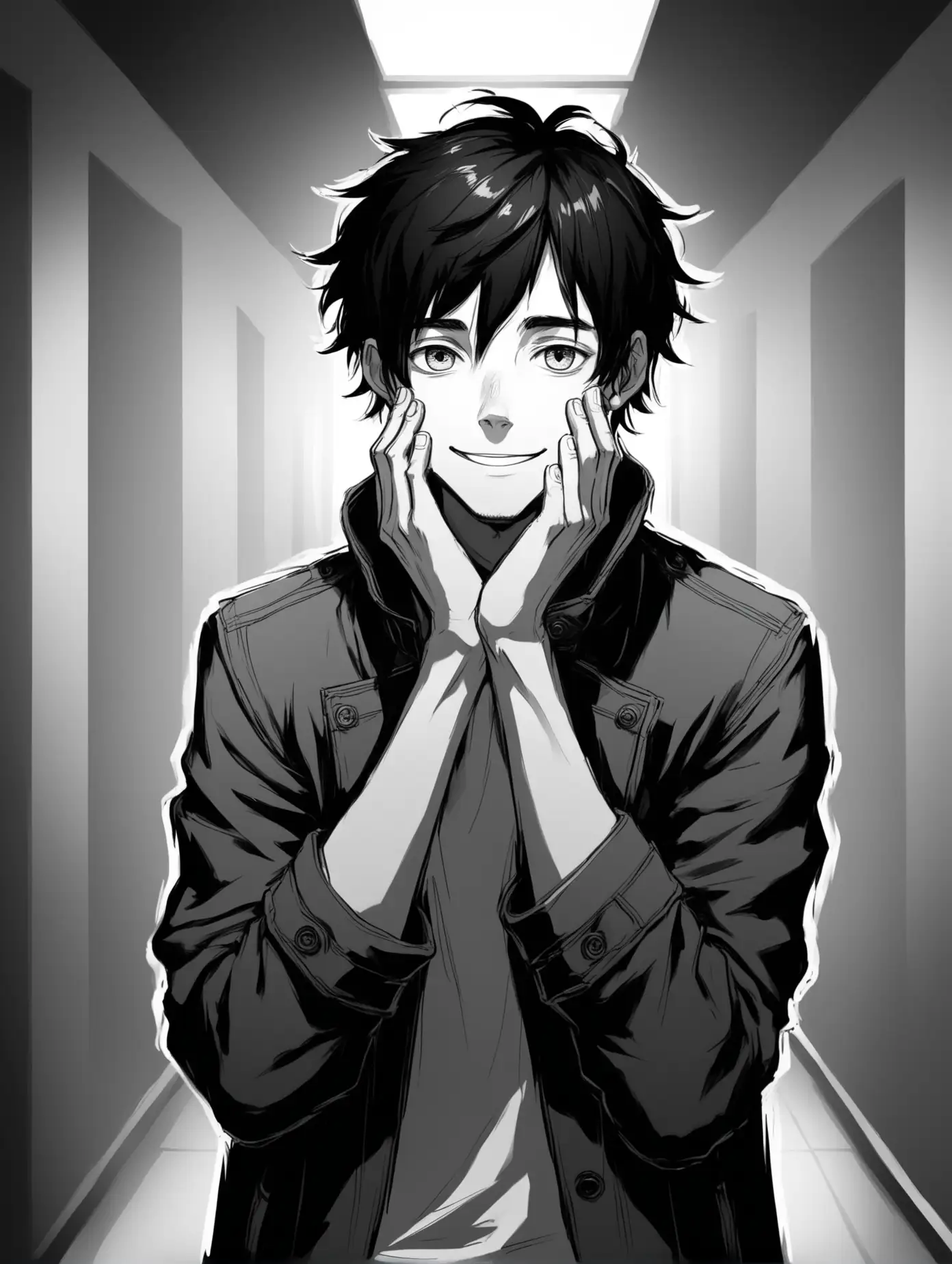 Draw a black and white, stylized image of a young man with messy, medium-length black hair, wearing a modern, stylish coat with a high collar. His facial expression is playful with a mischievous smile, and he is slightly leaning forward, resting his hands together in front of his face. His eyes show a hint of a mischievous glint, and the background has soft shading with a hint of architectural features like a hallway or corridor. The overall atmosphere is cool and casual, with a bit of a mysterious edge.