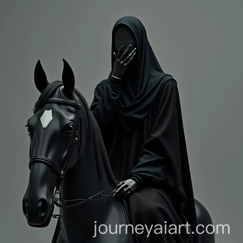 Faceless-Robot-in-Black-Hijab-Riding-a-Black-Horse