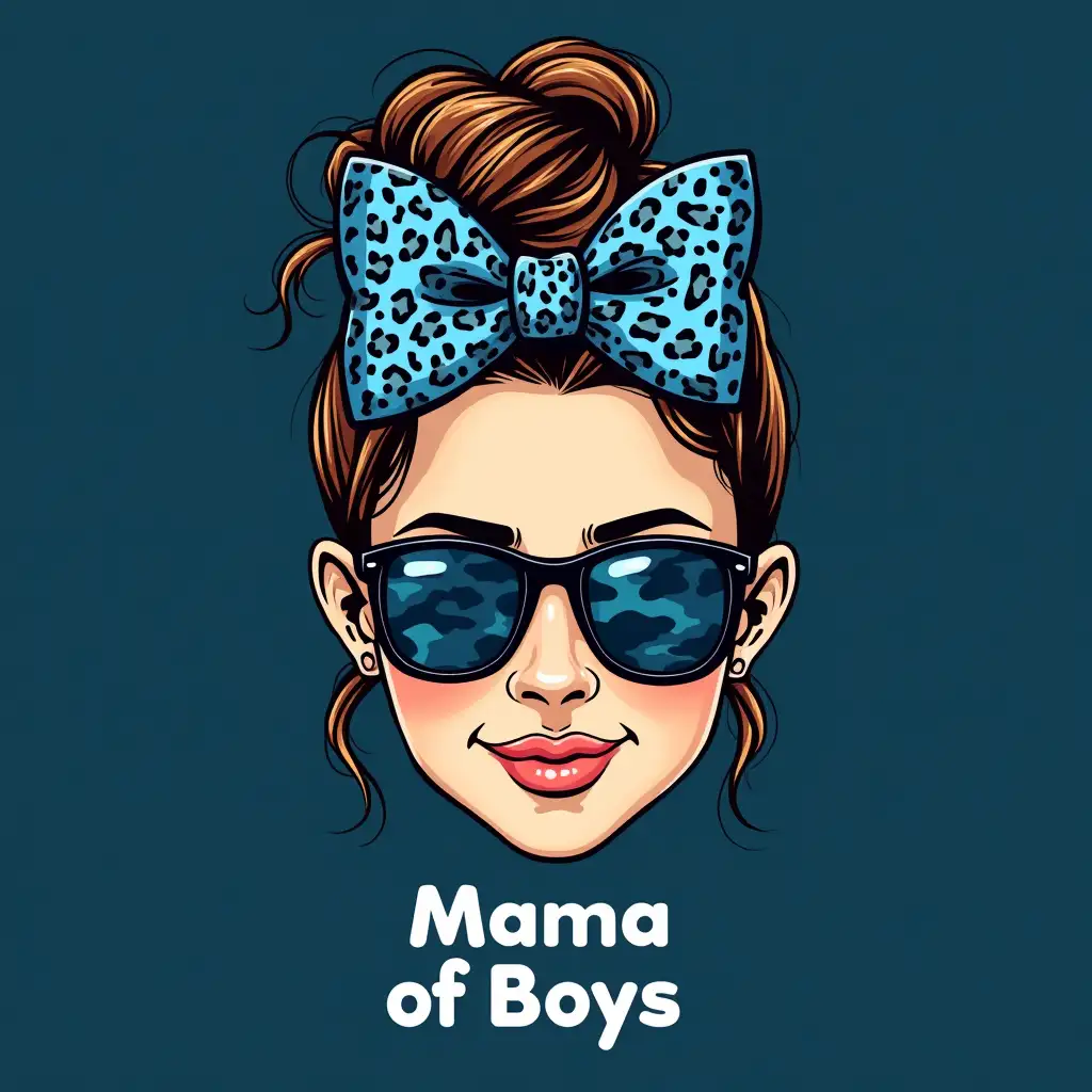 Vector. The artwork focuses on a messy bun decorated with a leopard blue print bow and sunglasses adorned with a blue camouflage pattern. The background is a solid, dark blue color. the text 'Mama of Boys' below it. Simple lines.