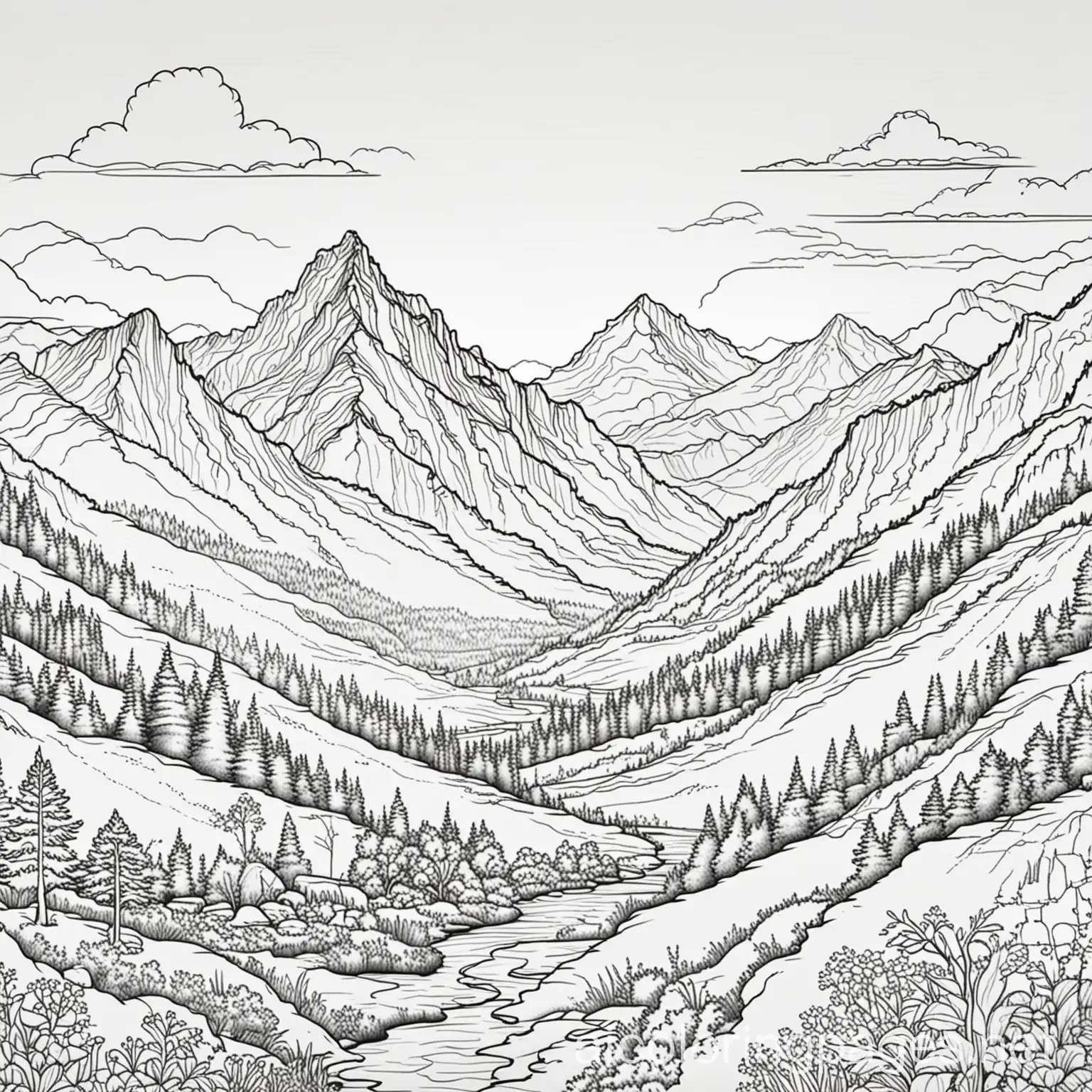 landscape with mountains for coloring book, Coloring Page, black and white, line art, white background,, Coloring Page, black and white, line art, white background, Simplicity, Ample White Space. The background of the coloring page is plain white to make it easy for young children to color within the lines. The outlines of all the subjects are easy to distinguish, making it simple for kids to color without too much difficulty