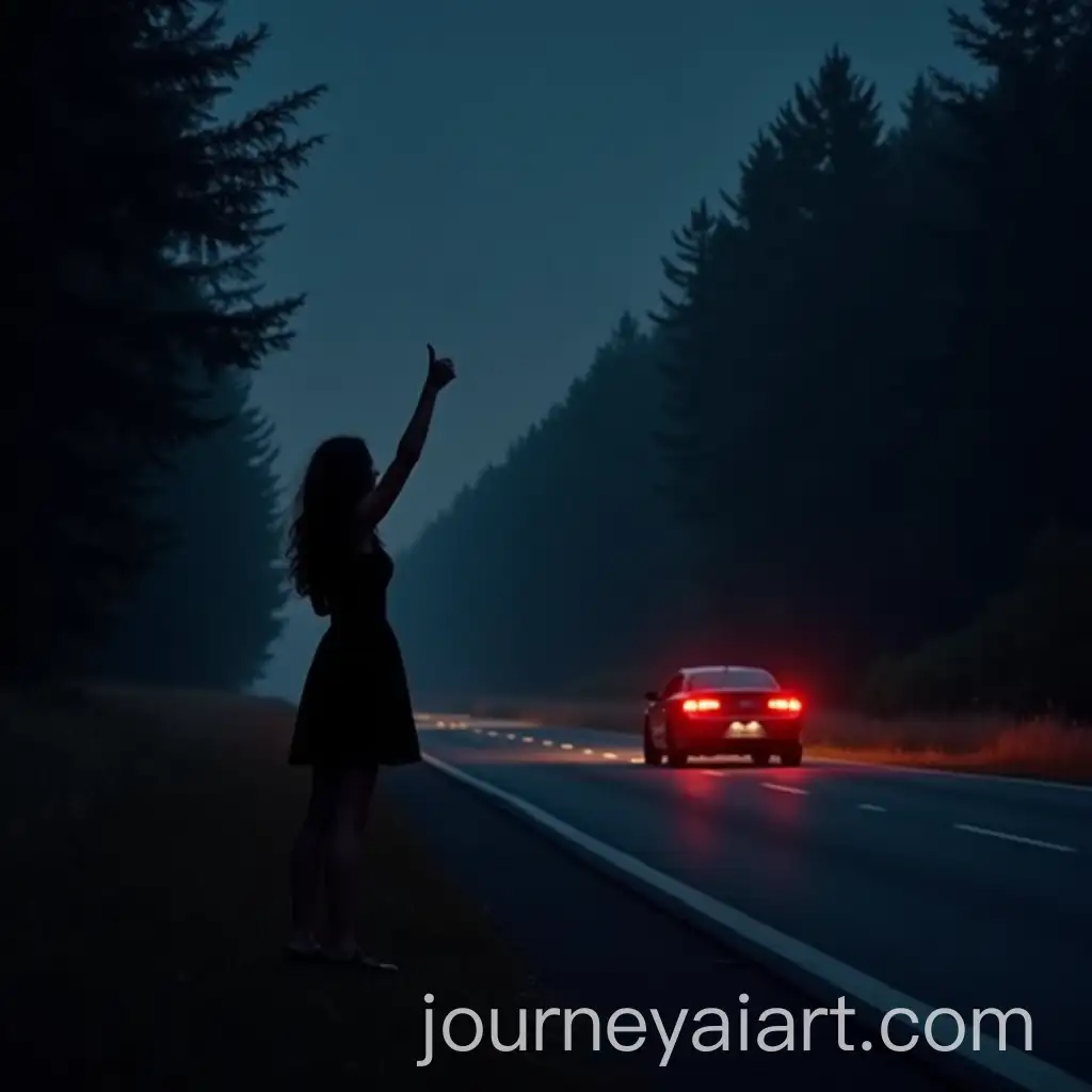 Woman-Thumbs-Up-by-Highway-at-Night-with-Passing-Red-Car